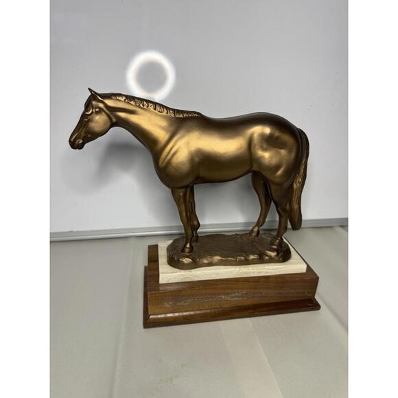 Vintage Horse Statue Trophy Figure Cast Metal Bronze Tone Marble Wood Base